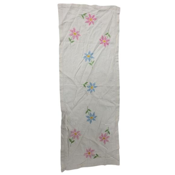 Unbranded Other - 🌸 Vintage Hand-Embroidered Floral Table Runner – Pink & Blue Flowers – 39x13”